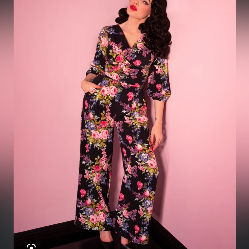 Vixen by Micheline Pitt - Black Vintage Floral high waist pants & Bawdy crop top